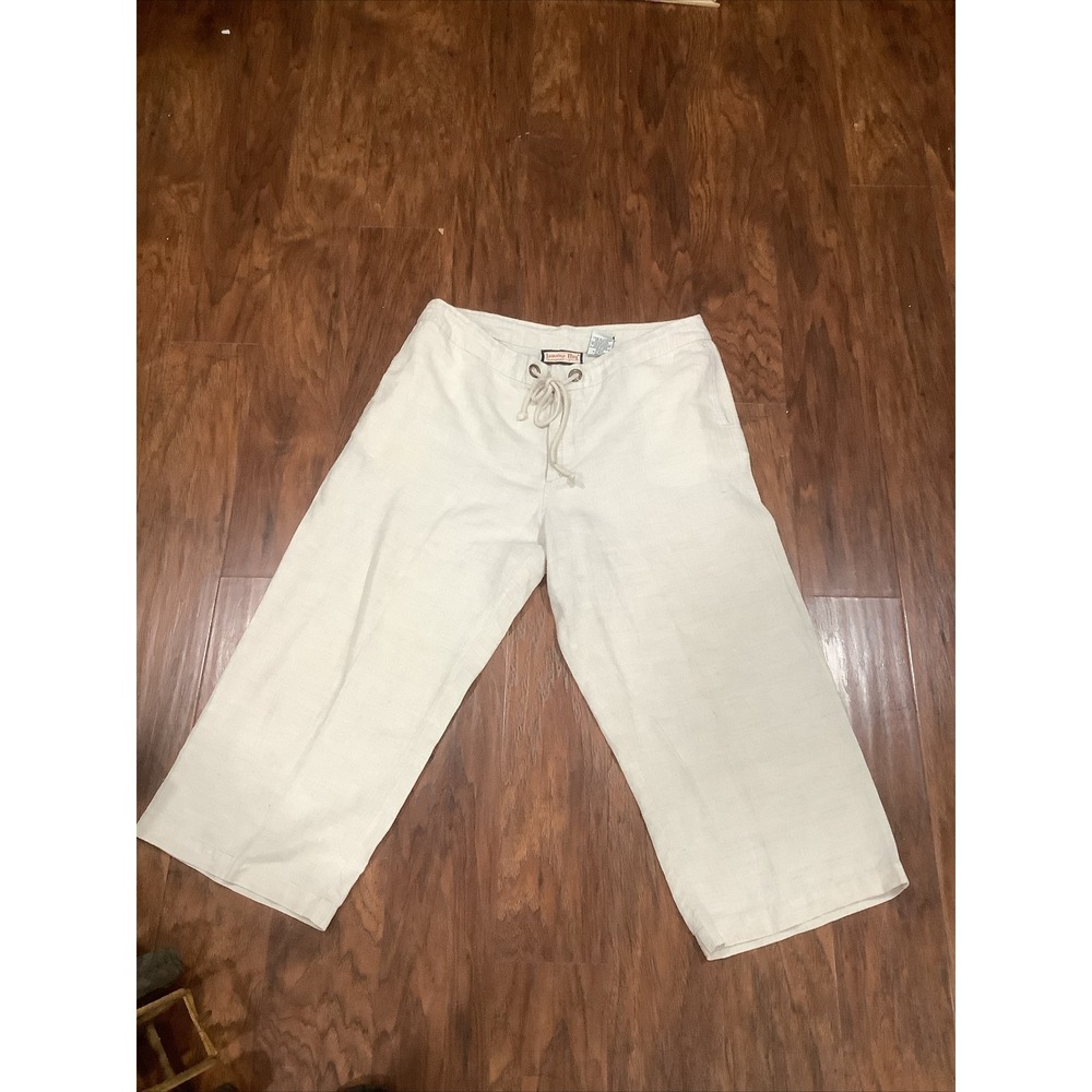 Jamaica Bay 100% Linen Crop Pants elastic drawstring waist Light Beige Lg